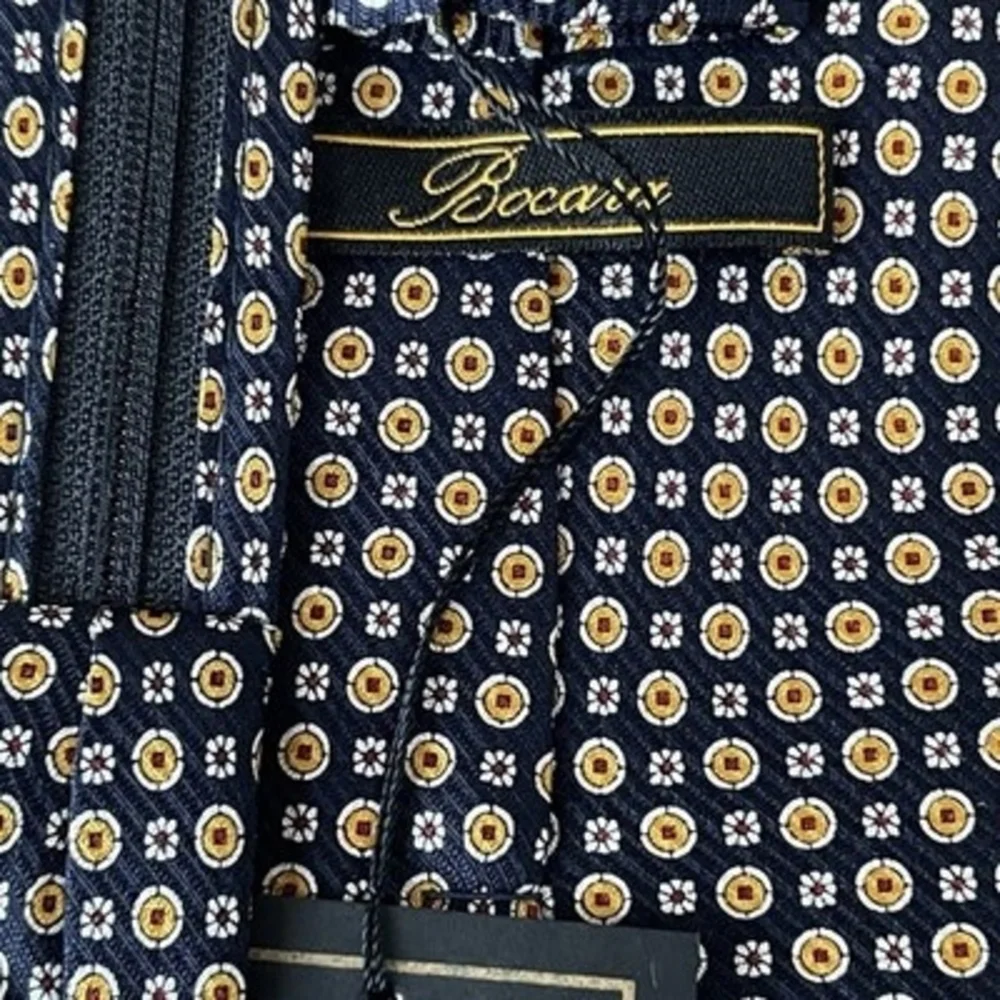 Bocara Mens 100% Silk Neck Tie Navy Blue Yellow Red Geometric Floral Pattern NWT